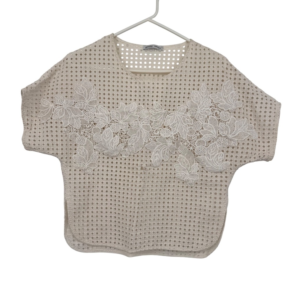 Zara Collection Eyelet Mesh Lace Top Womens Small White Floral Applique Batwing